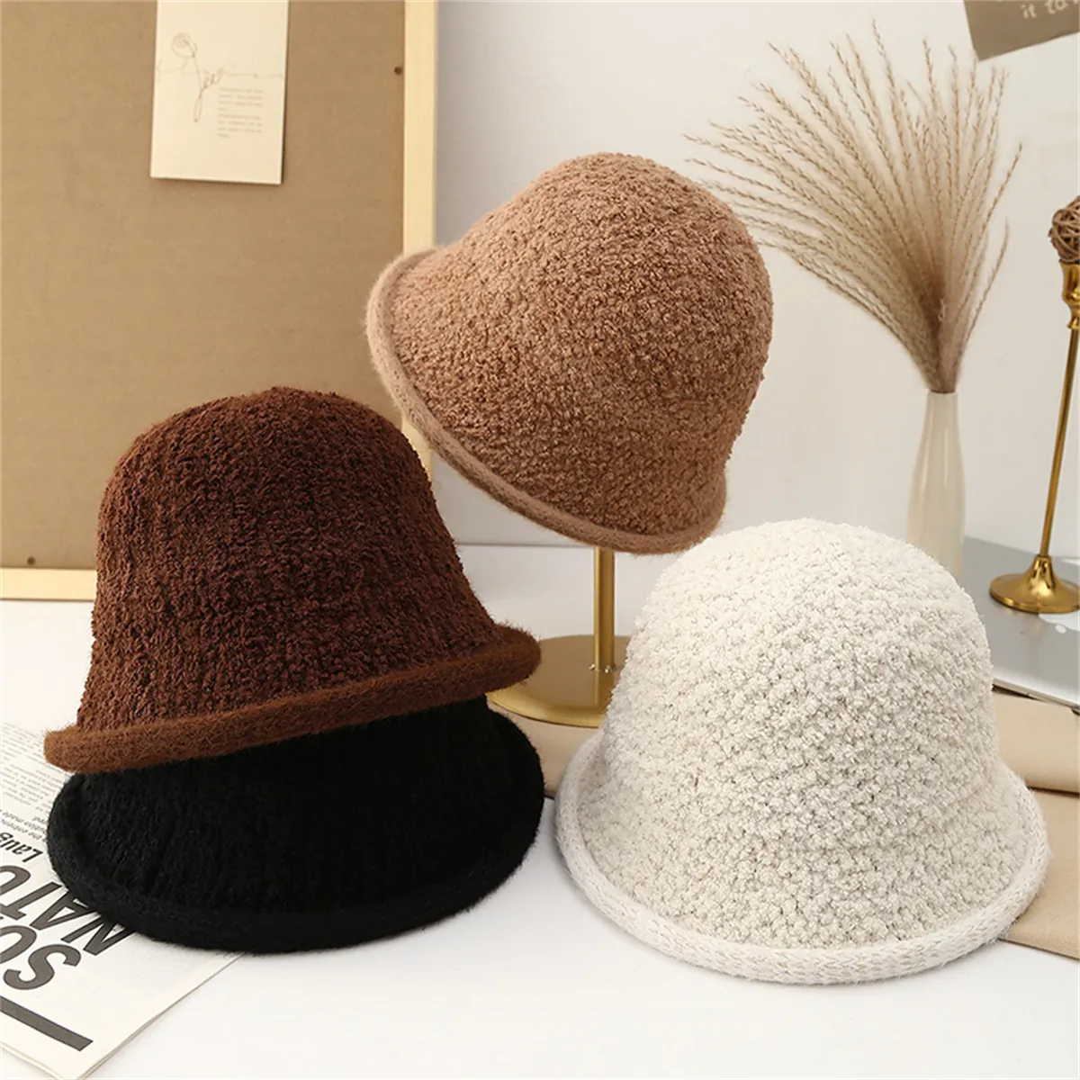Bucket Hat Faux Lamb Wool Winter Warm Windproof Knit Retro Fisherman Cap For Women