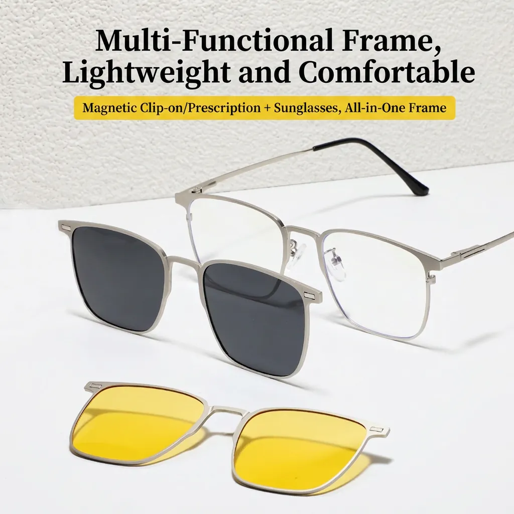 Square Metal Frame Magnetic Clip-on Polarized Sunglasses With Night Vision Lenses Driving Eyewear UV400