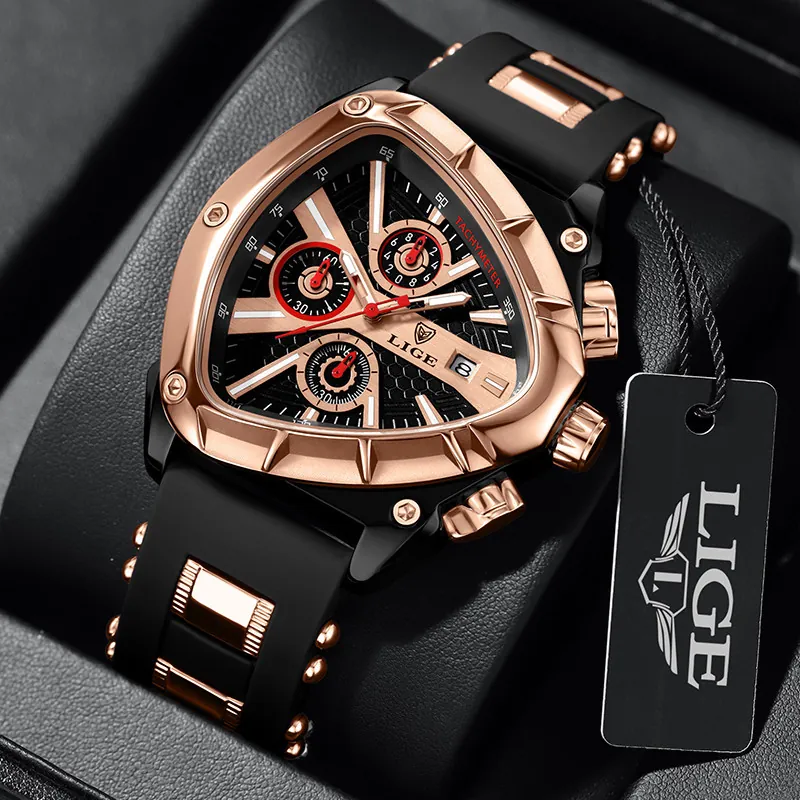 Men Triangle Quartz Watch Alloy Case Silicone Strap Chronograph Luminous Date Tachymeter Waterproof Sport Wristwatch