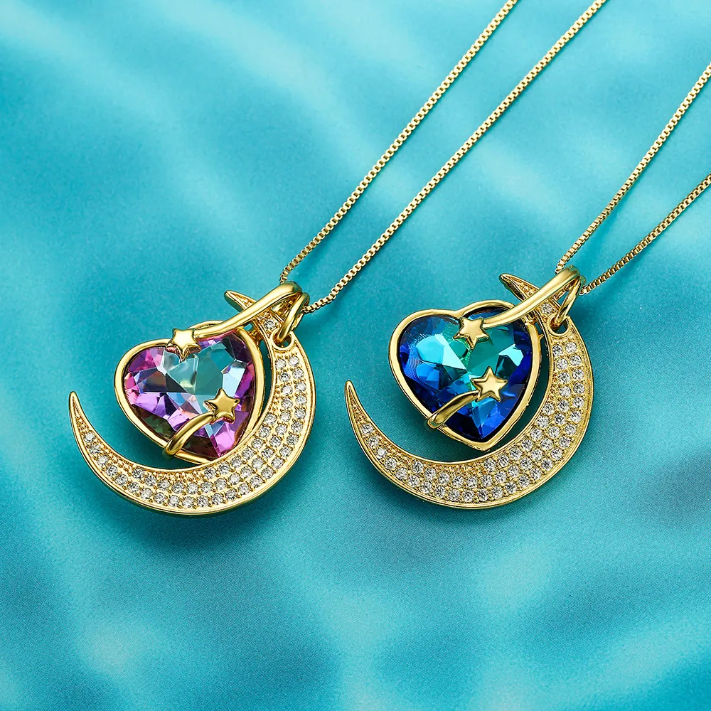 Crescent Moon Heart Pendant Necklace Copper 18K Gold Plated Cubic Zirconia Star Jewelry Trendy Chic Elegant For Women