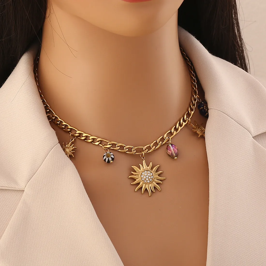 Collana Multi Charm Dorata In Acciaio Inossidabile Pendenti Sole Luna Stella Arcobaleno Cuore Fiore Gioielli Vintage Bohémien Donne