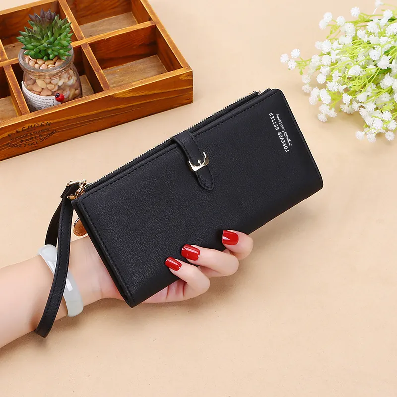 Portafoglio Lungo Da Donna Trama In Pelle PU Grande Capacità Cinturino Da Polso Clutch Cerniera Bottone A Pressione