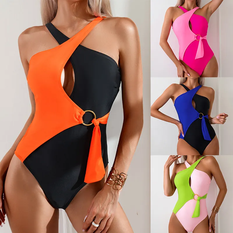 Women Color Block One Piece Swimsuit Nylon Halter Neck Cutout With Metal Ring Tie Swimwear