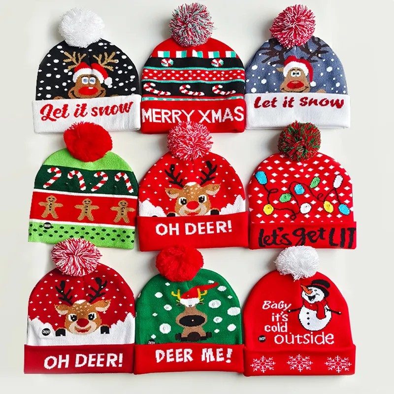 Led Light Up Christmas Knitted Beanie Hat Acrylic Colorful Glowing Cartoon Jacquard Pom Pom Winter Party Accessory