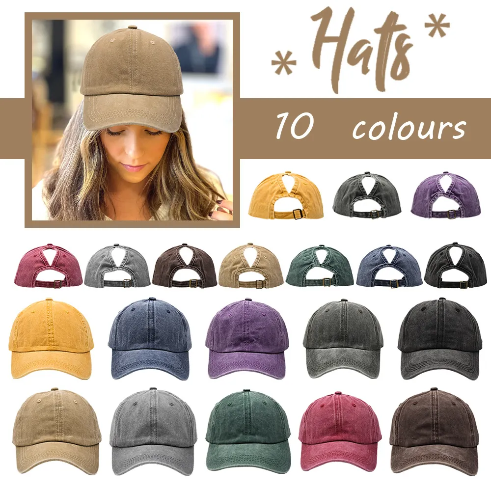 Ponytail Baseball Cap Washed Cotton Sun Protection Outdoor Distressed Vintage Adjustable Hat For Women