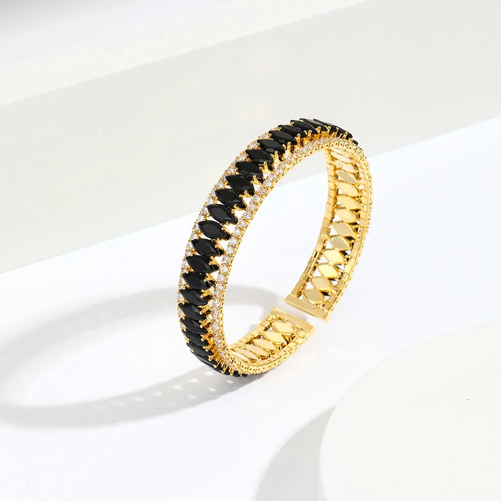 Luxury Marquise Black Zircon Cuff Bracelet Brass Micro Pave White Stones Fashion Open Bangle Jewelry For Women