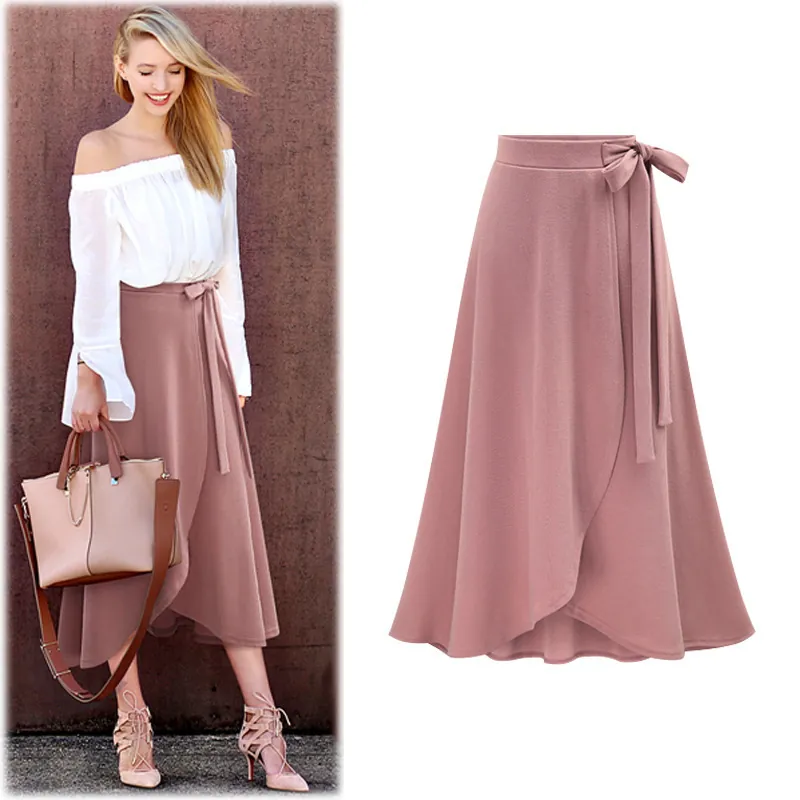 Women High Waist Irregular Wrap Midi Skirt Casual Solid Side Tie A-Line Split Plus Size Knitted Long Skirt Streetwear