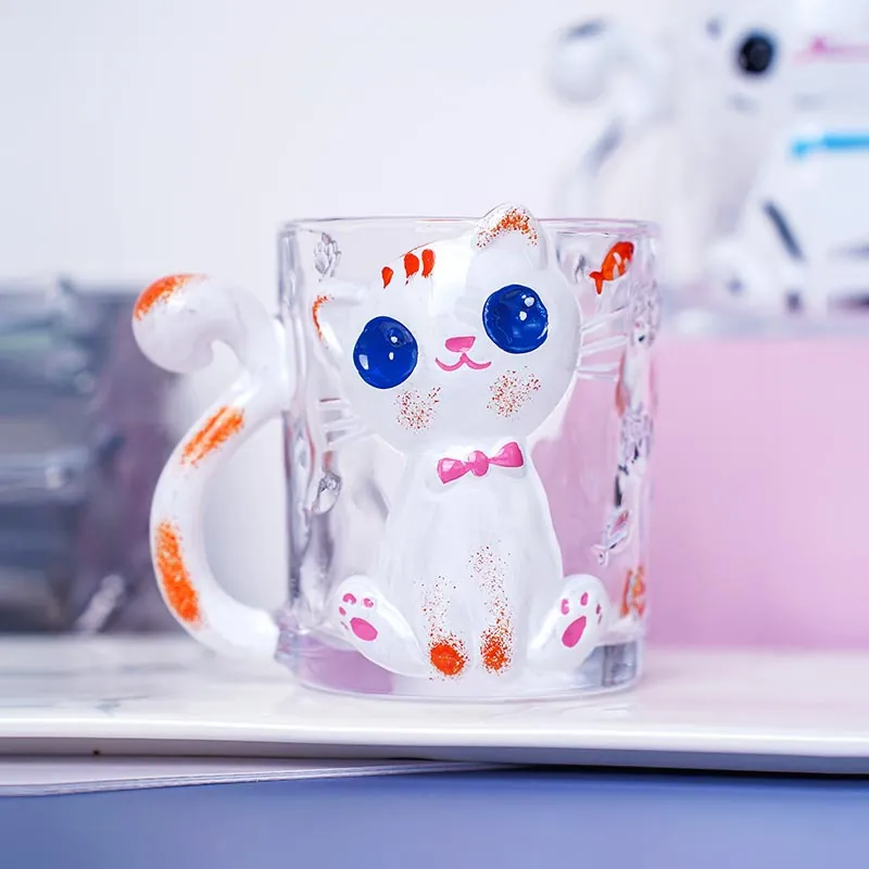 3D Cartoon Cat Rabbit Glass Mug Animal Figurine Tail Handle Embossed Pattern Heat Resistant Coffee Milk Cup Kawaii Gift