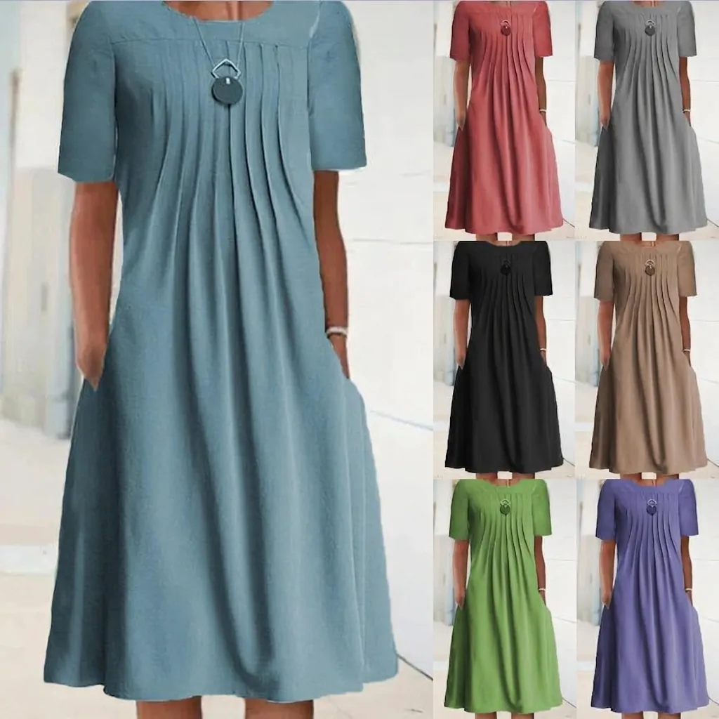 Women's Casual Solid Color Round Neck Short Sleeve Pleated Midi Dress With Pockets Polyester Summer Pullover Straight Dress