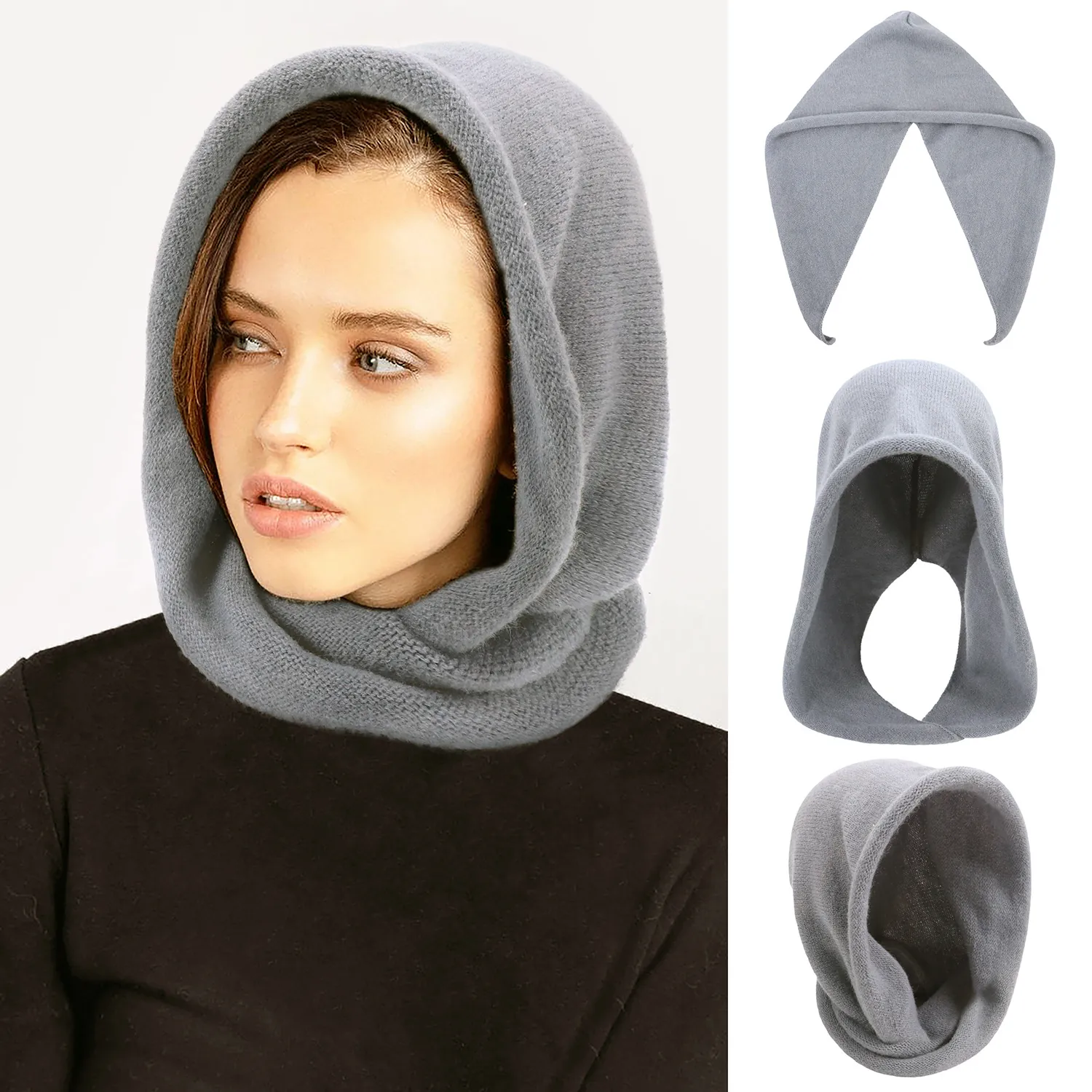 Women Winter Hooded Scarf Integrated Hat Acrylic Knitted Balaclava Warm Neck Protector Pullover Solid Color Beanie Hat