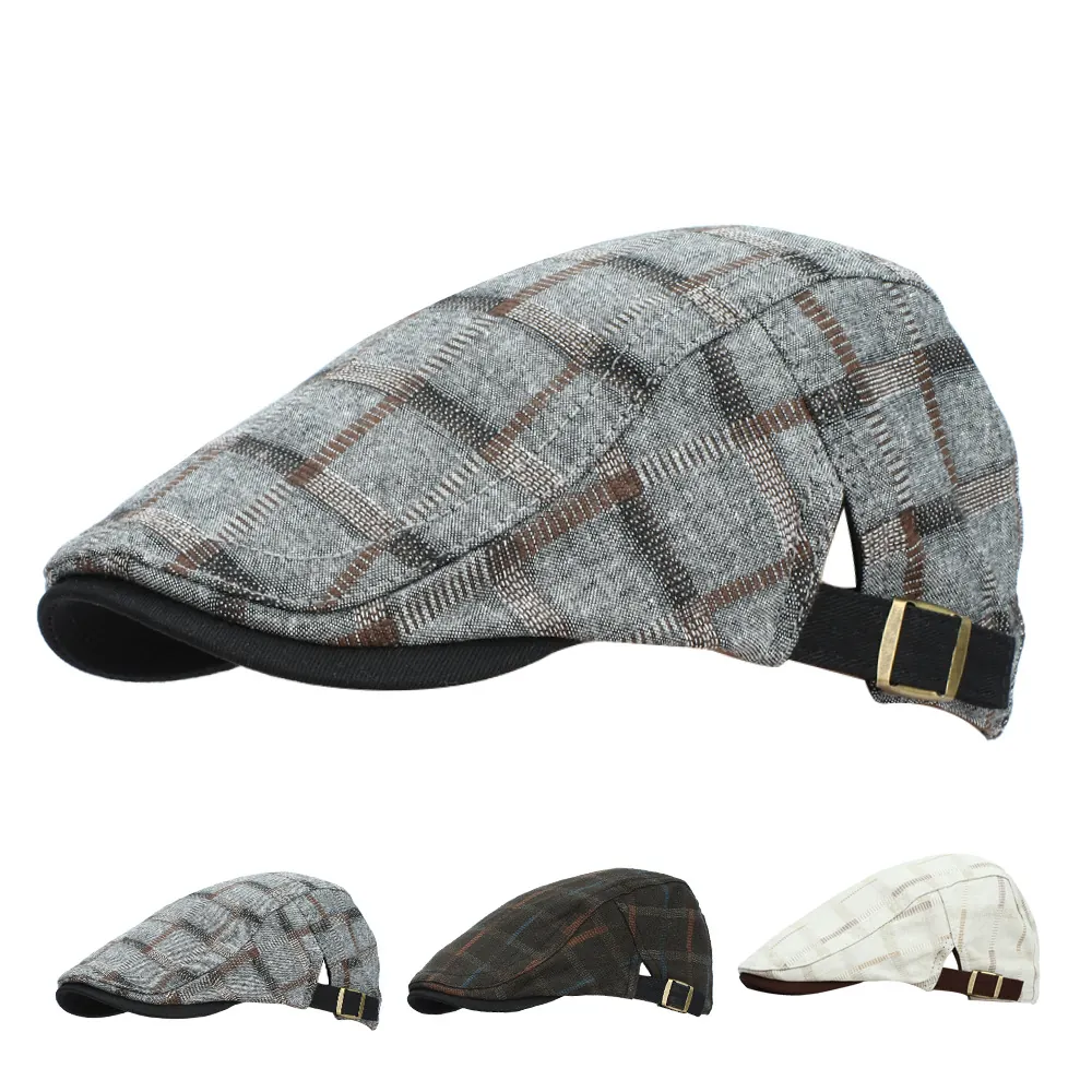 Men Vintage Plaid Flat Cap Cotton Polyester Blend Newsboy Hat With Adjustable Metal Buckle Casual Sunshade Outdoor
