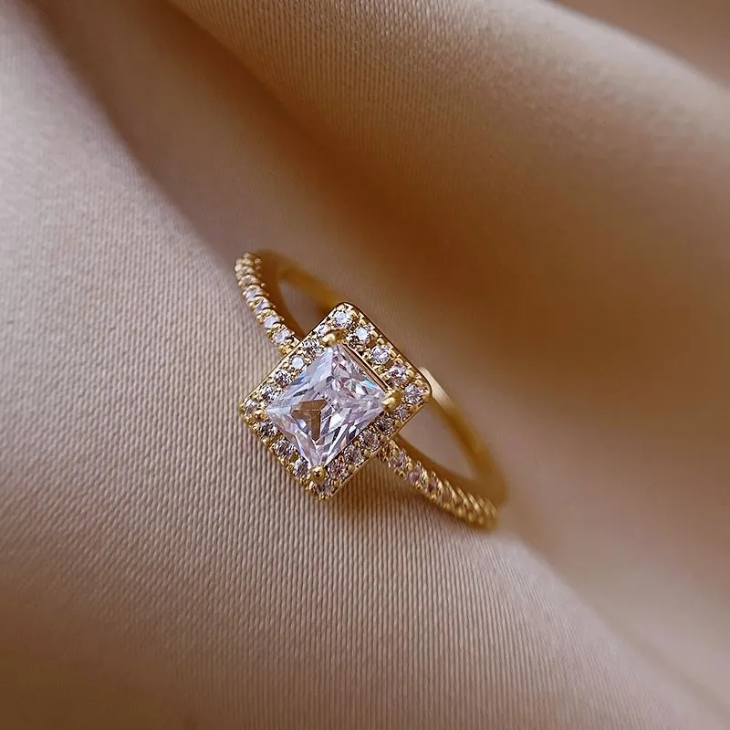 Square Zircon Halo Ring Copper Adjustable Open Band Elegant Minimalist Luxury Jewelry For Women