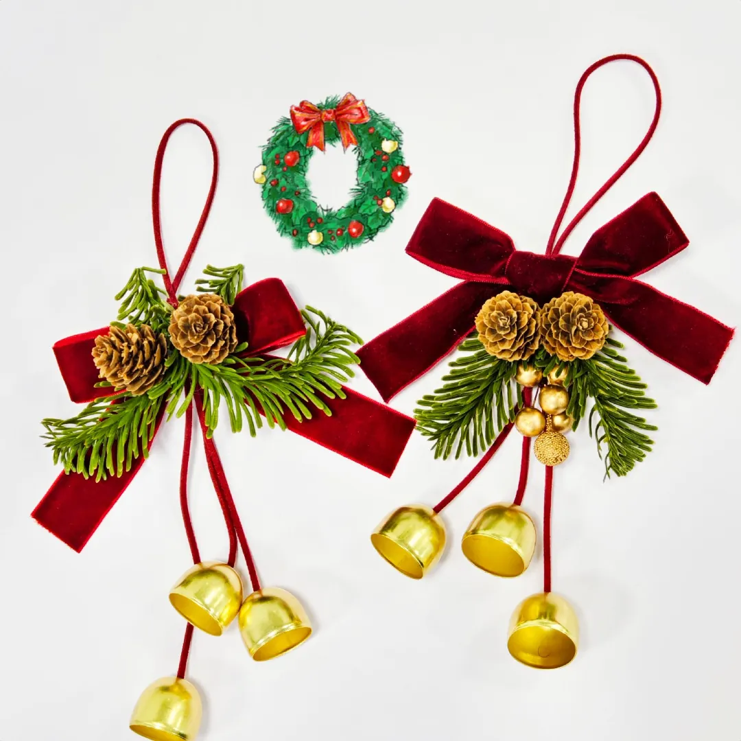 Christmas Bell Hanging Ornaments Red Velvet Bow Pine Cones Artificial Pine Needles Golden Berries Metal Bells Holiday Tree Decor