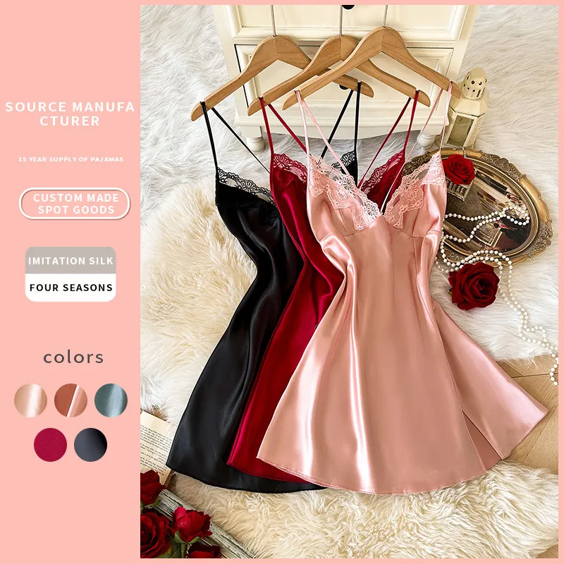 Nuisette En Satin Pour Femmes Dentelle Col En V Bretelles Spaghetti Dos Croisé Lingerie Sexy Vêtements De Nuit