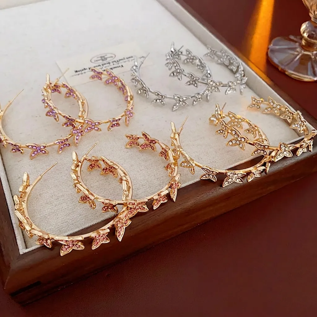 Boucles D'Oreilles Créoles Papillon Alliage Strass Avec Tige En Argent Forme C Bijoux Élégants Pour Femmes