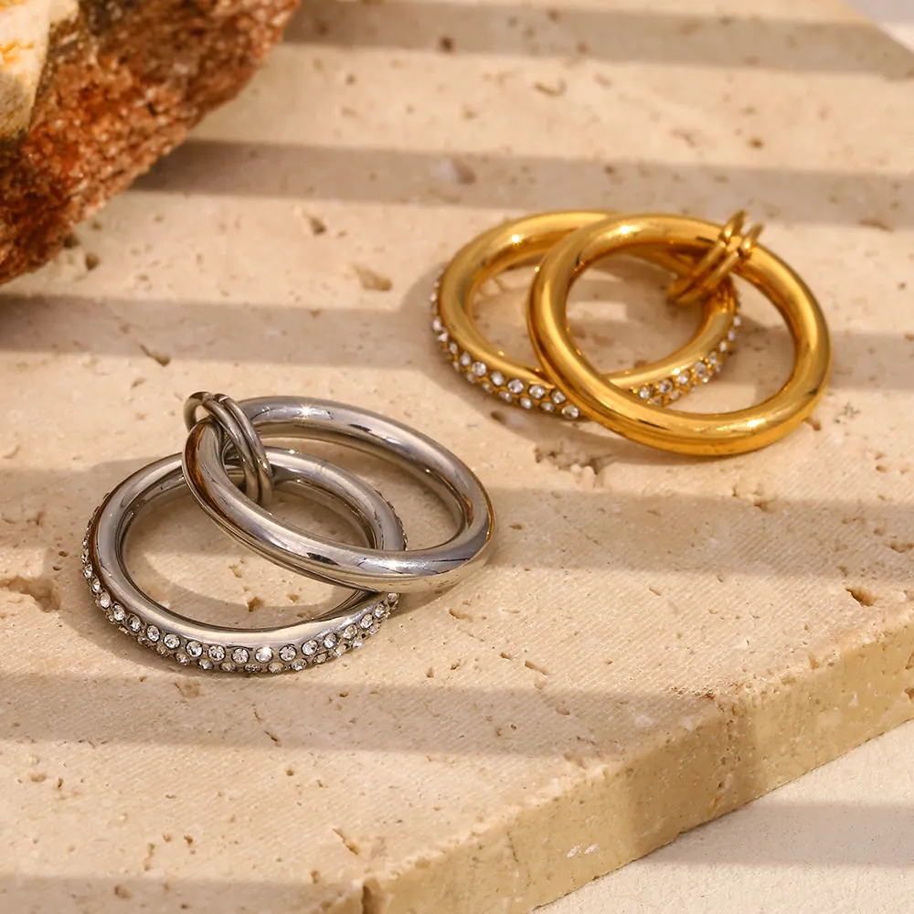 Double Layer Stainless Steel Ring 18K Gold Plated Inlaid With Cubic Zirconia Retro Vintage Luxury Style Jewelry For Women