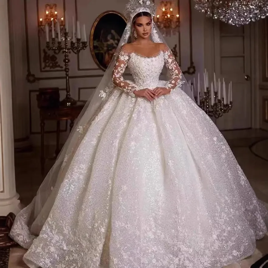 Luxury Wedding Dress Lace Long Sleeve Off Shoulder Ball Gown Sequin Floral Bridal Gown Elegant Ceremony For Women
