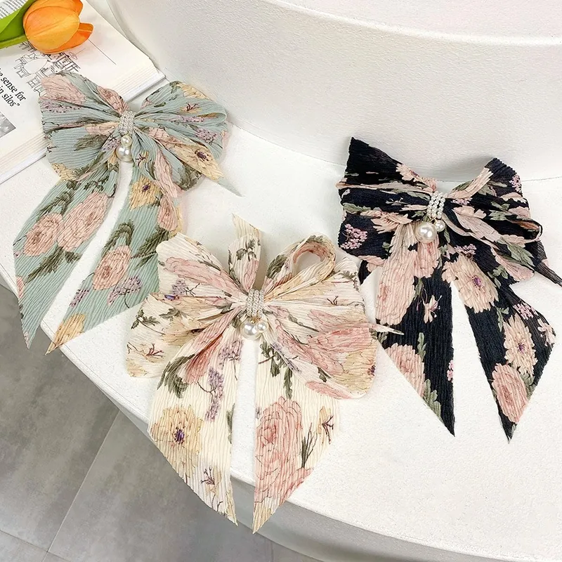 Pince À Cheveux Grand Noeud En Mousseline Plissée À Imprimé Fleuri Avec Décoration De Künstliche Perles Élégante Pour Femmes