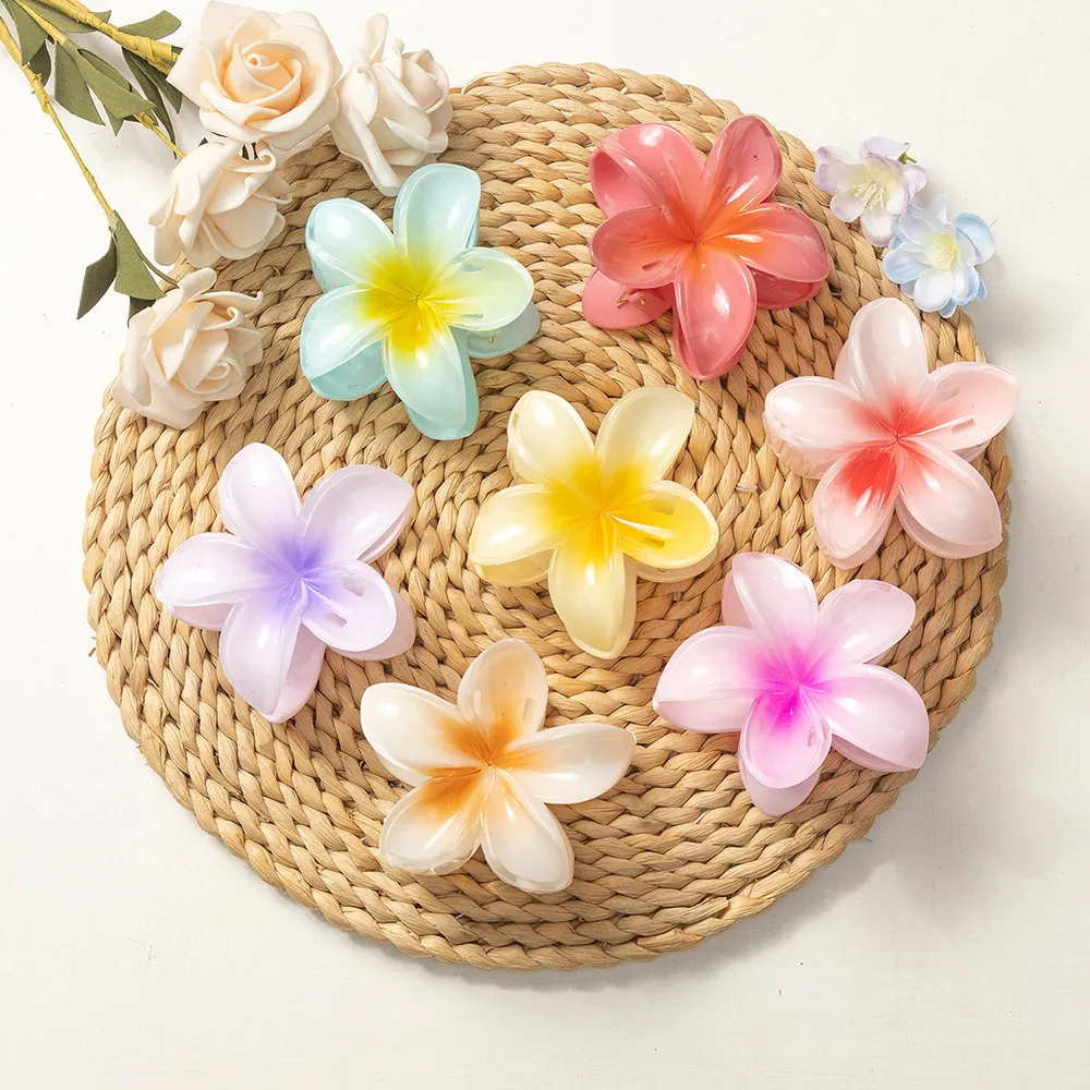 Plumeria Flower Hair Claw Clip Resin Gradient Colorful Summer Beach Vacation Hair Styling Accessory For Women