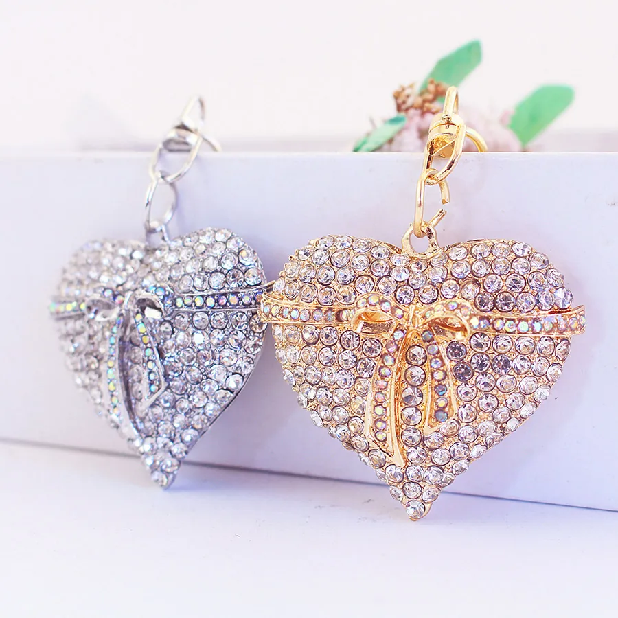 Heart Butterfly Keychain Rhinestone Zinc Alloy Keyring Sparkly Bag Charm For Women Gift Valentine's Day Gold Silver Plated