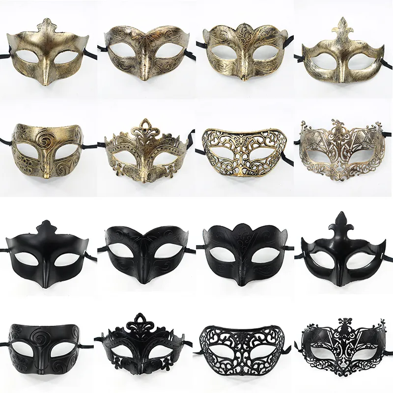 Vintage Masquerade Mask Venetian Half Face Plastic Antique Bronze Black Hollow Cutout For Halloween Carnival Party Women Men