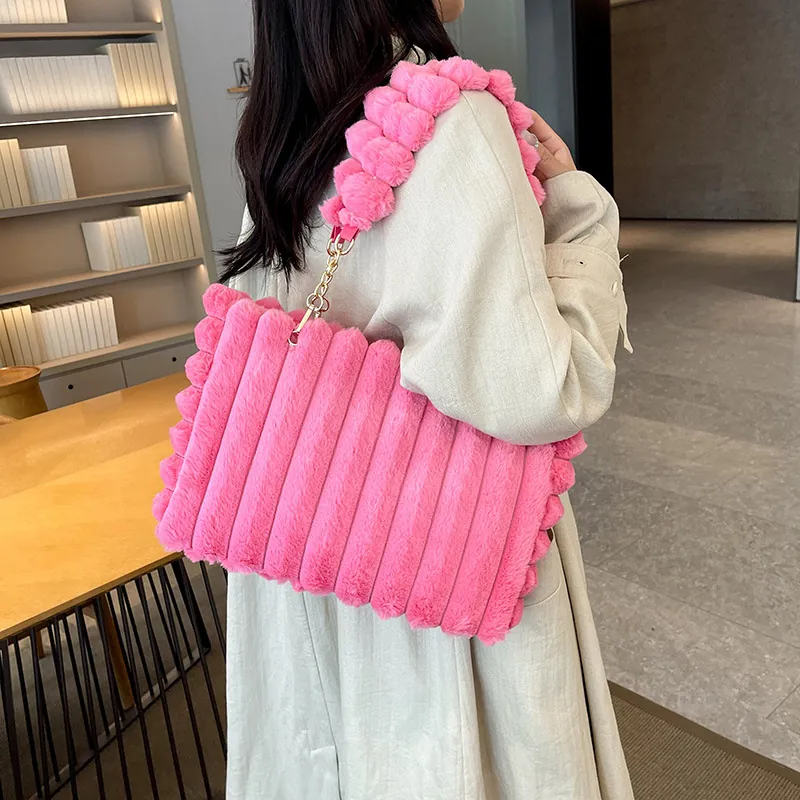 Women Large Capacity Faux Fur Plush Shoulder Bag Striped Texture Trendy Versatile Autumn Winter Tote Bag Plush Ball Strap