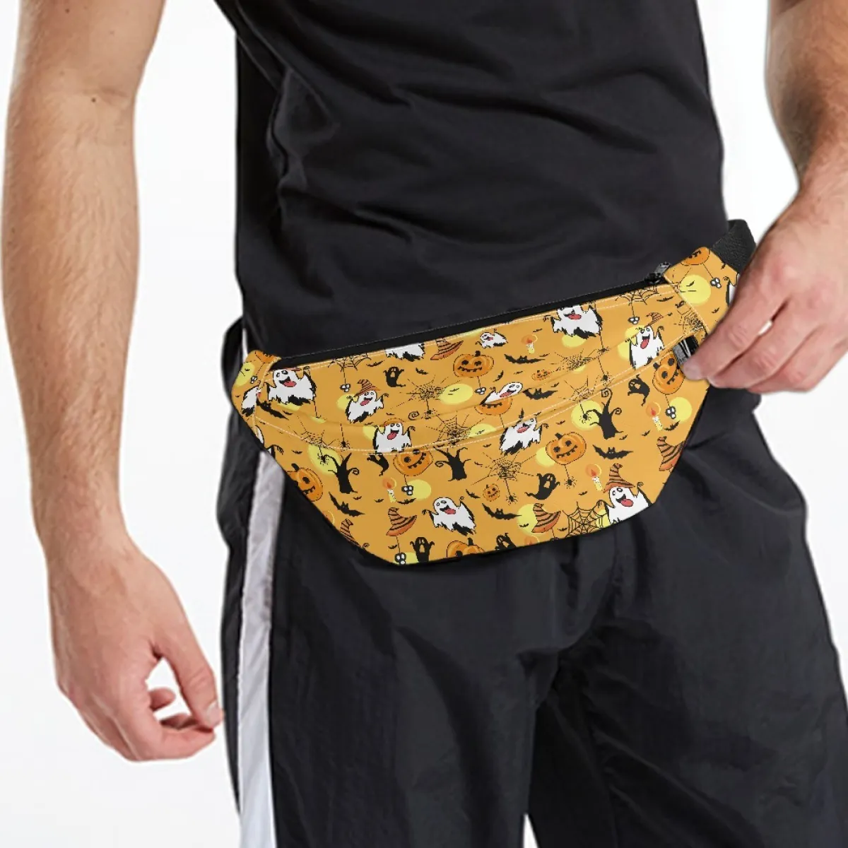 Halloween Cartoon Ghost Pumpkin Printed Waist Bag Adjustable Strap Polyester Outdoor Travel Casual Fanny Pack Men Women