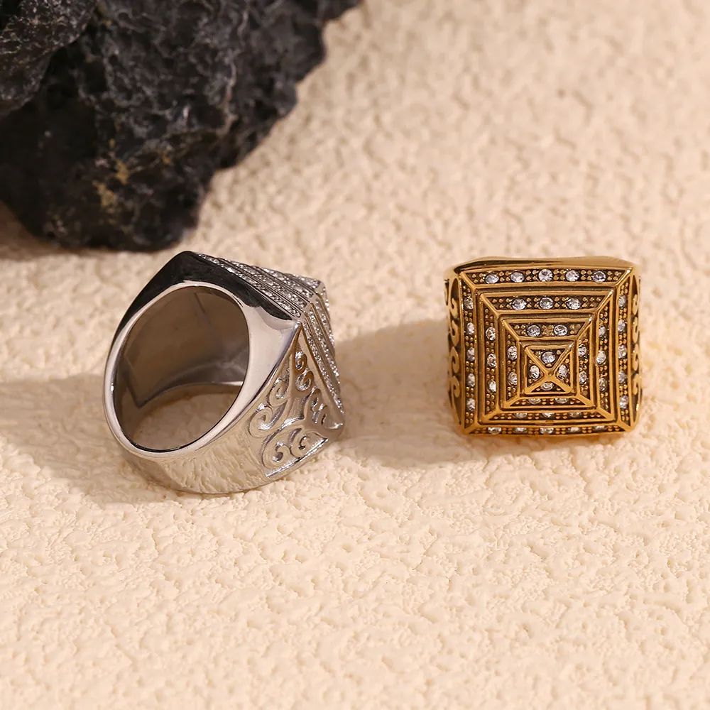 Pyramid Ring Men Stainless Steel 18K Gold Plated Zircon Inlaid Hip Hop Retro Vine Carved Square Finger Jewelry