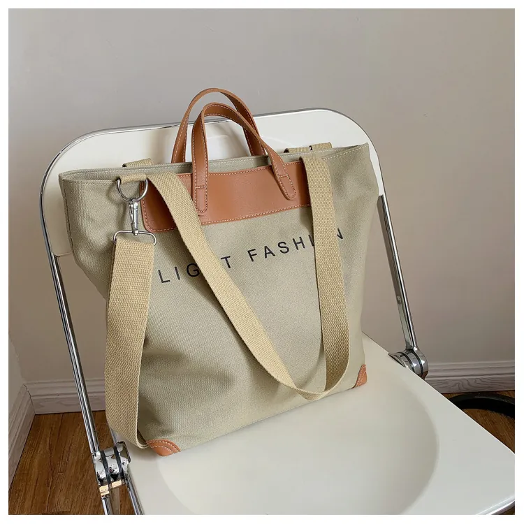 Large Capacity Canvas Tote Bag PU Leather Patchwork Shoulder Crossbody Casual Travel Letter Print For Women