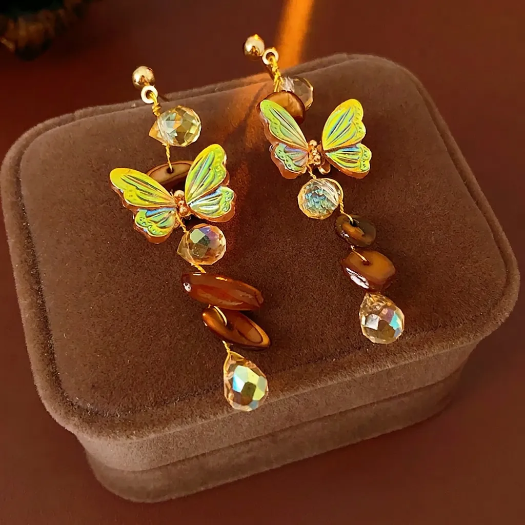 Orecchini Pendenti Lunghi Con Nappa Farfalla Vintage Con Conchiglia Rame Perline Di Vetro Colorate Perno In Argento Donna