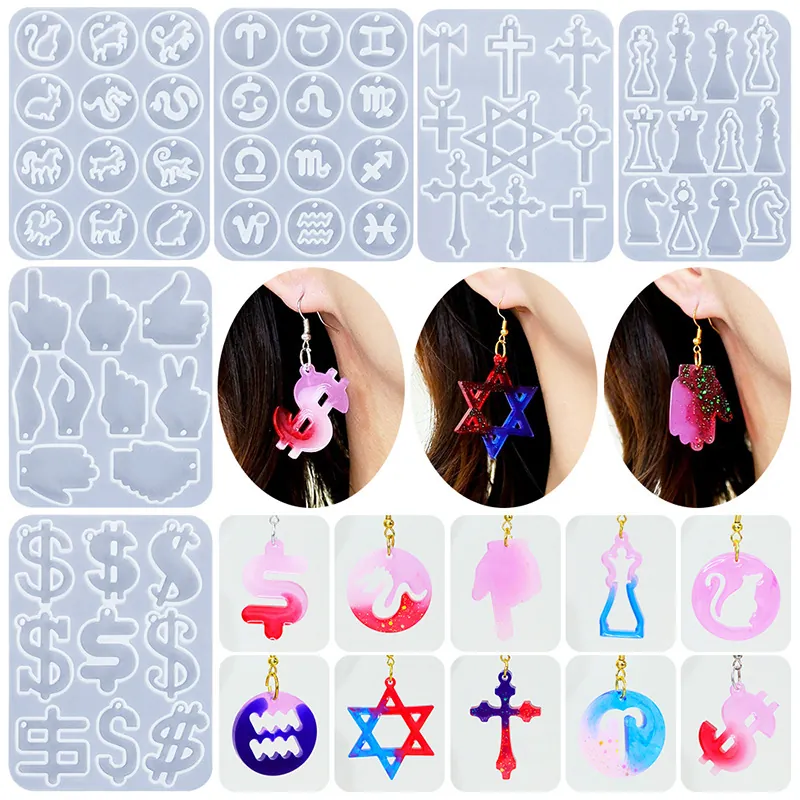 Moules En Silicone Pour La Création De Bijoux DIY Résine Moulage Boucle Oreille Pendentif Styles Mixtes Zodiaque Croix Échecs Dollar Geste Artisanat