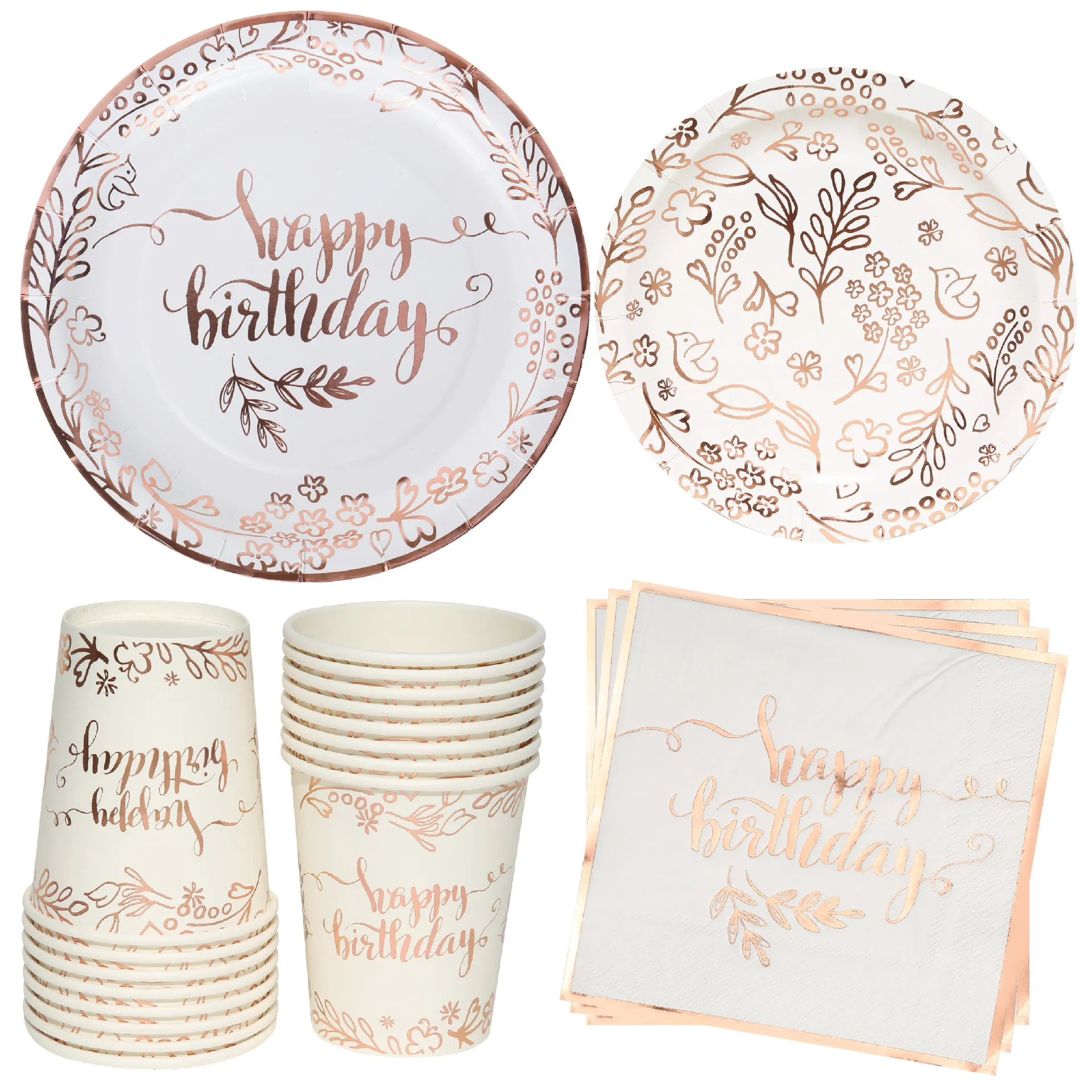 Rose Gold Foil Happy Birthday Disposable Tableware Paper Plates Cups Napkins For Party Celebration Elegant Chic