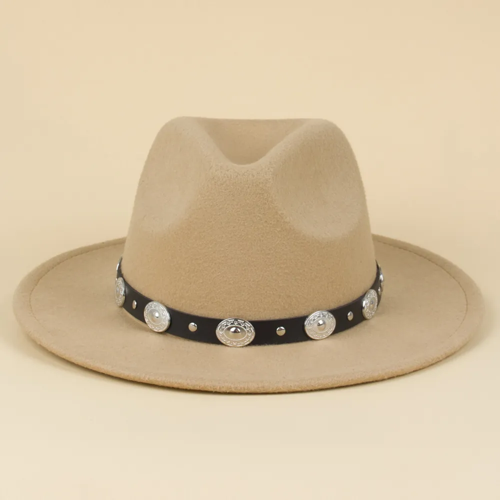 Wide Brim Fedora Hat Woolen Felt Western Cowboy Jazz Hat With Leather Band Silver Metal Rivets Vintage Punk Style
