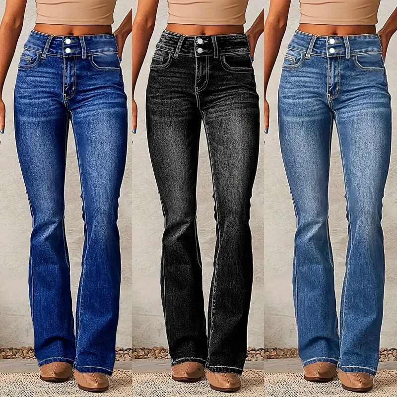 Jean Évasé Taille Haute pour Femmes Rétro Délavé Extensible Denim Pantalon Double Bouton Streetwear Décontracté Mince Long