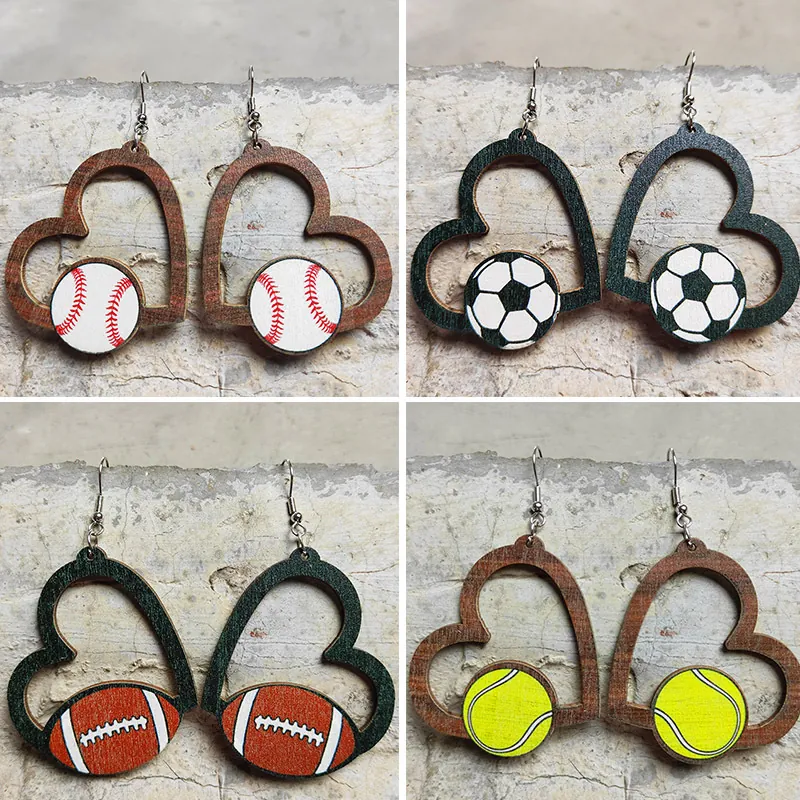 Herzförmige Sportohrringe Holz Hohl Fußball Baseball Basketball Football Muster Sportlicher Schmuck Für Frauen