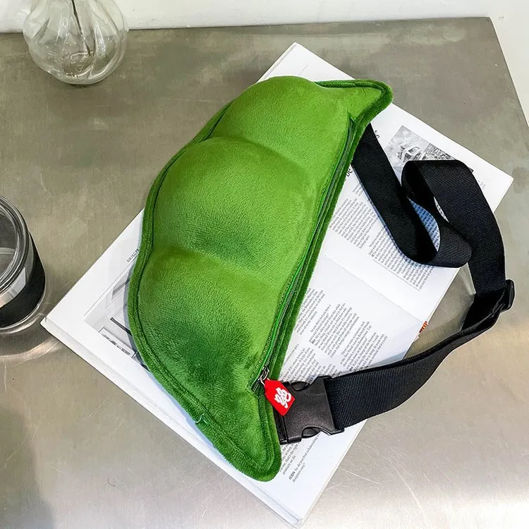 Cute Pea Pod Shape Plush Waist Bag Green Edamame Novelty Crossbody Bag With Adjustable Strap Soft Casual Chest Bag