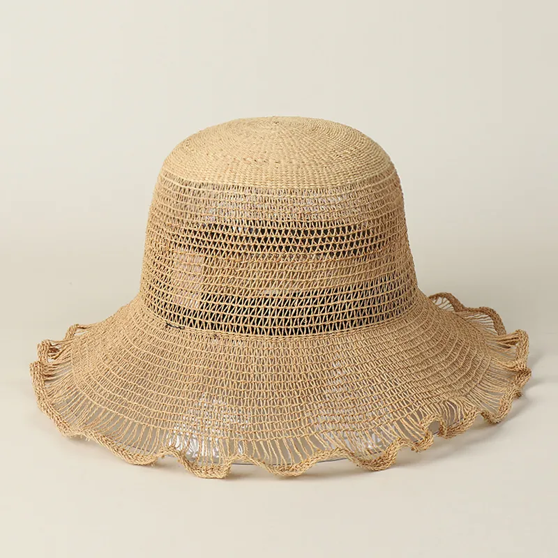 Raffia Woven Sun Hat Women Large Wave Brim Breathable Sunshade Beach Vacation Summer Simple Style