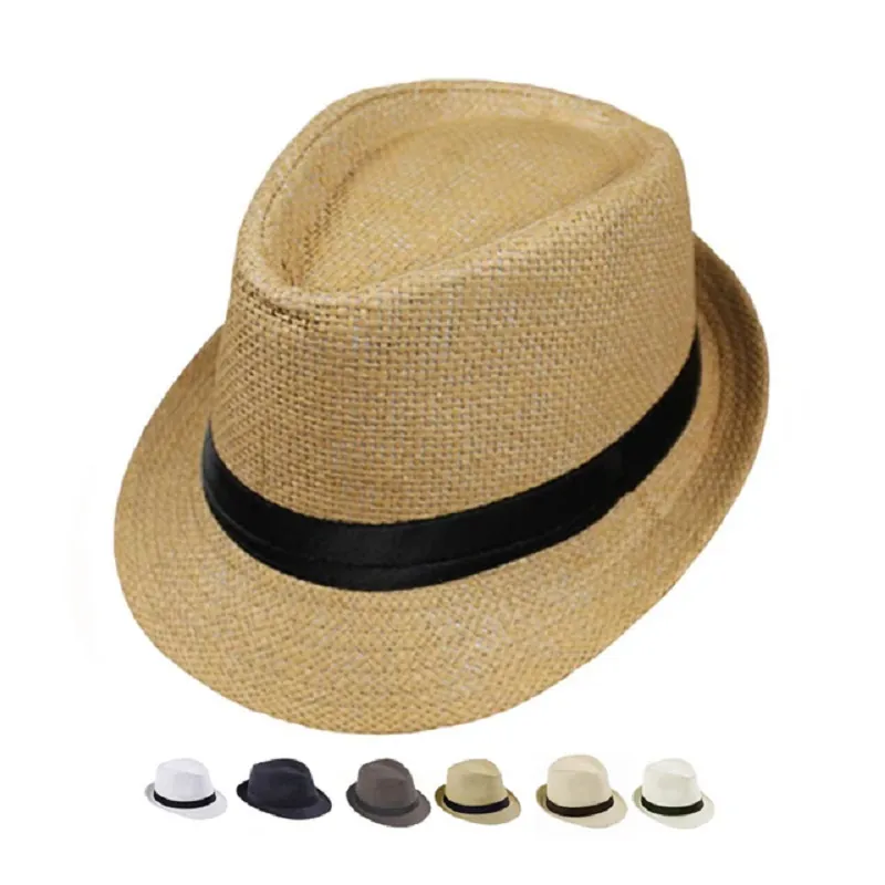 Men Summer Paper Straw Fedora Hat Breathable Sunshade Beach Short Brim Jazz Panama Style Ribbon
