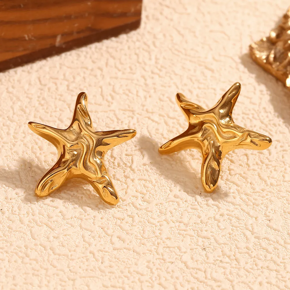 Starfish Stud Earrings Stainless Steel 18K Gold Plated Irregular Texture Retro Chic Ocean Style Jewelry For Women