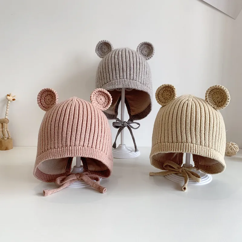 Süße Bärenohren Baby Strickmütze Warme Gestrickte Beanie Mit Kinnriemen Ohrenschutz Für Säuglinge Kleinkinder Winter Herbst Outdoor