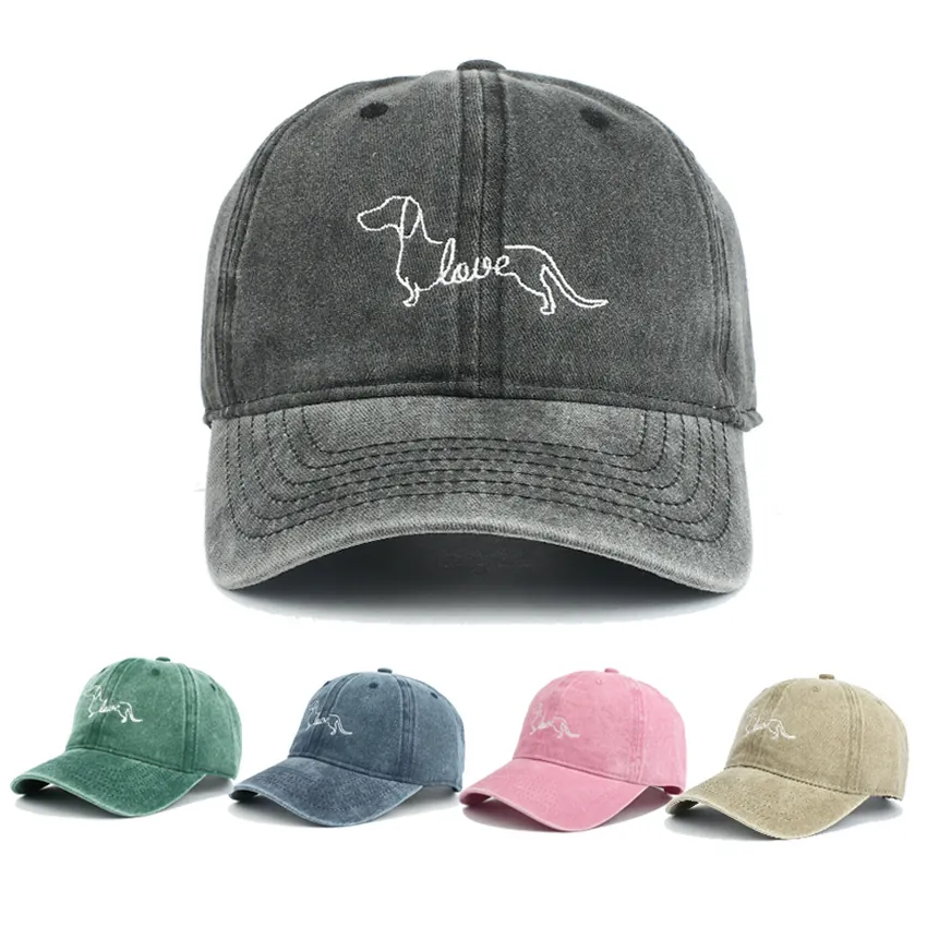 Washed Cotton Baseball Cap Dachshund Love Embroidery Vintage Soft Top Adjustable Dad Hat For Men Women Casual Sun Protection