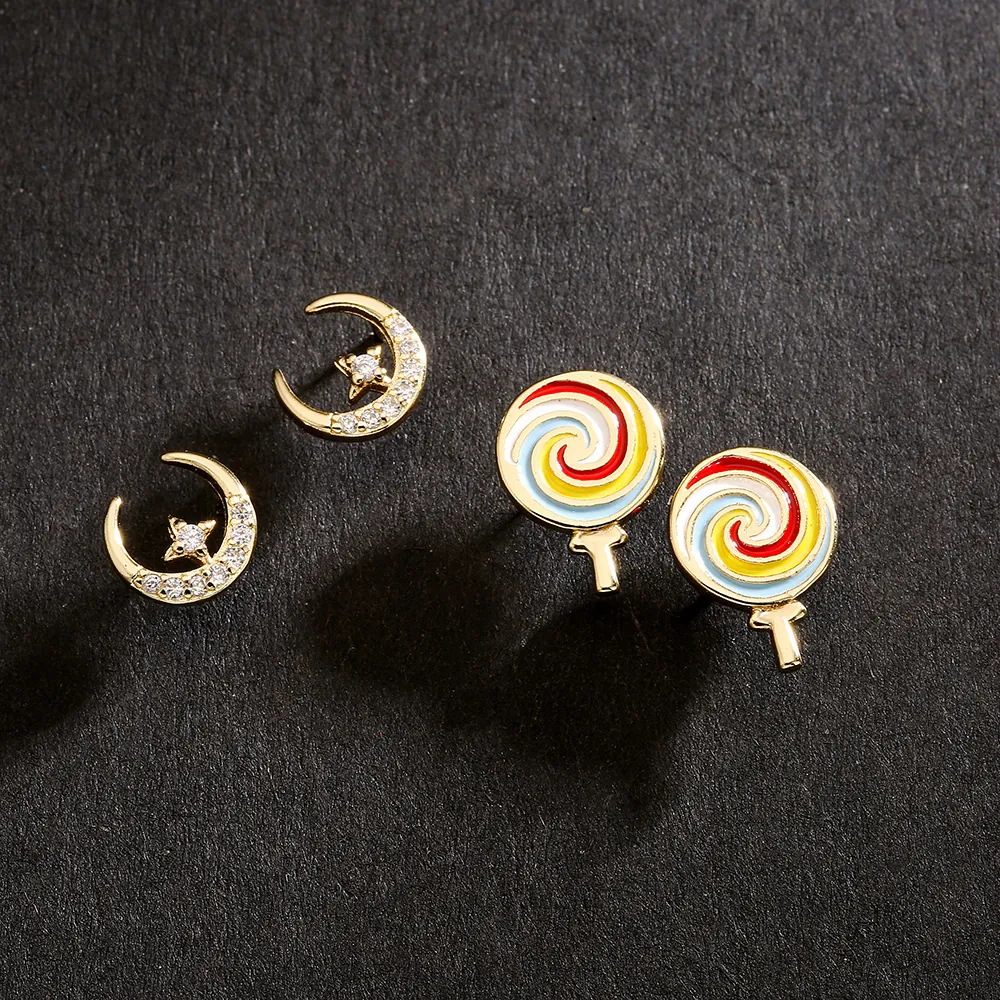 Copper Gold Plated Stud Earrings With Zircon Star Moon And Colorful Enamel Lollipop Sweet Jewelry For Women