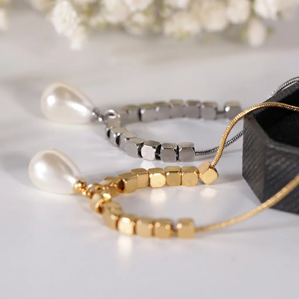 Stainless Steel Snake Chain Necklace With Geometric Square Beads And Teardrop Artificial Pearl Pendant For Women Elegant Jewelry