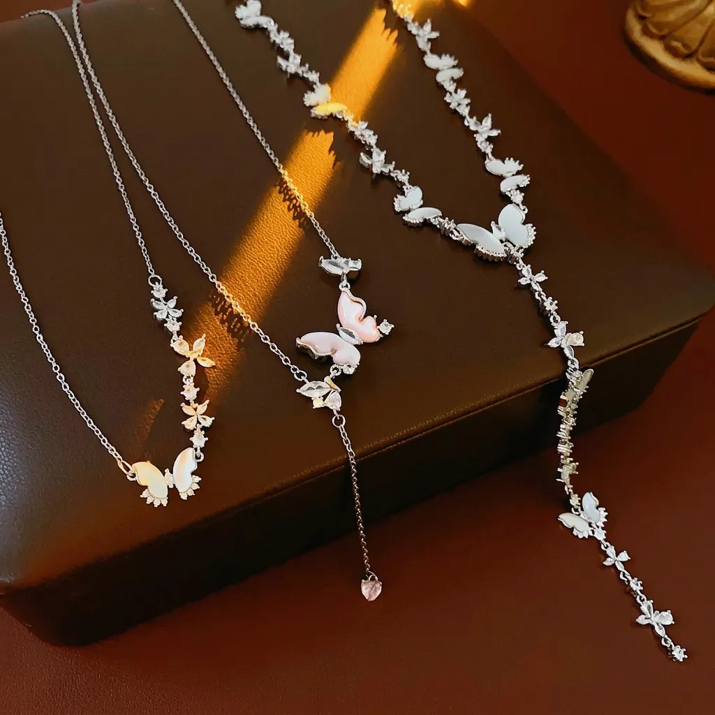 Collier Pendentif Papillon Cuivre Avec Zircon Et Nacre Gland Lariat Bijoux Rétro Français Pour Femmes