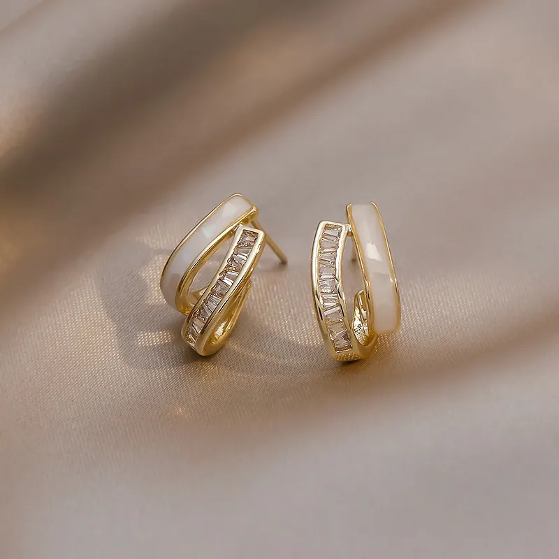 U-Form Kupfer Creolen Mit Weißer Emaille Und Baguette Zirkonia Mode Eleganter Schmuck Für Damen