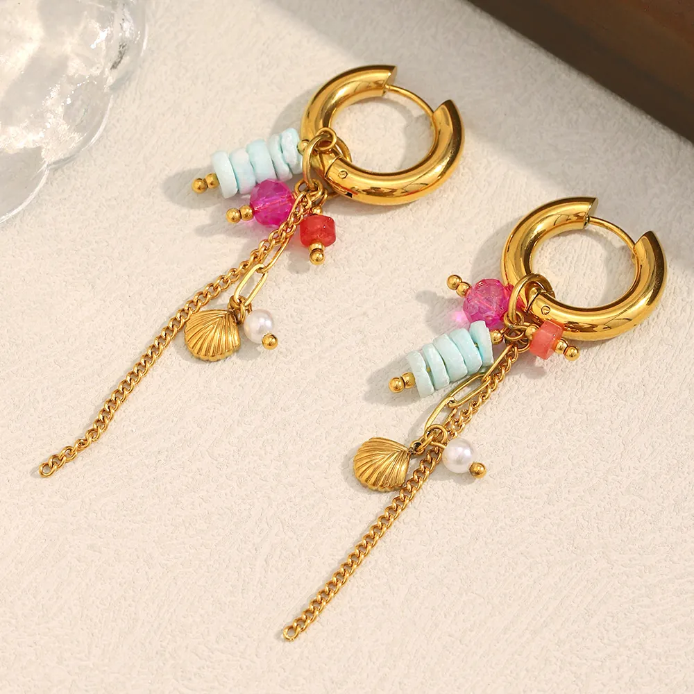 Stainless Steel 18K Gold Plated Hoop Earrings With Natural Stone Beads Artificial Pearl Shell And Tassel For Women Beach Jewelry