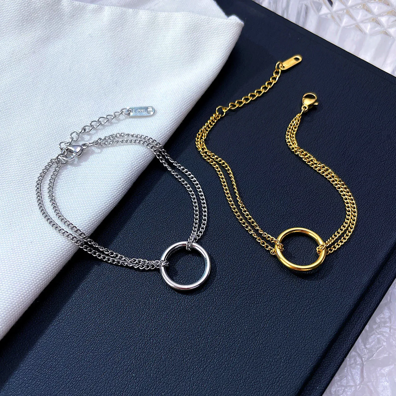 Double Layer Chain Bracelet Stainless Steel Circle Ring Pendant Minimalist Fashion Jewelry For Women Elegant Adjustable