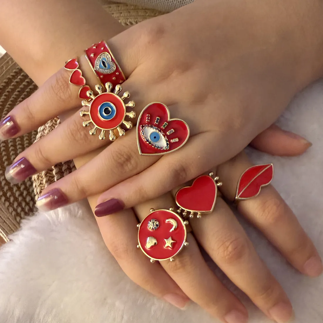 Rote Emaille Böser Blick Herz Lippen Offene Ringe Für Frauen Kupfer Verstellbar Boho Trendiger Schmuck