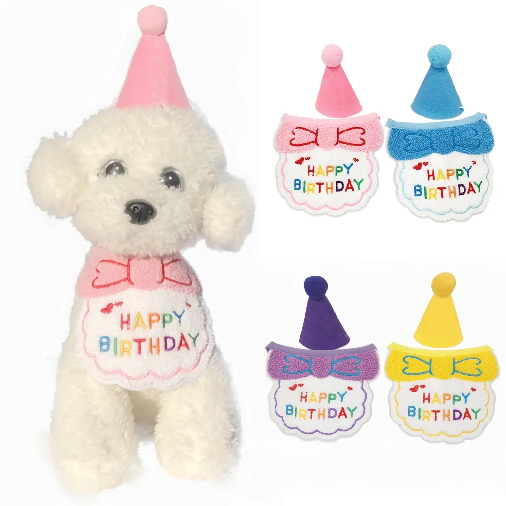 Pet Birthday Hat And Saliva Towel Happy Birthday Embroidery Felt Plush Adjustable Party Decor For Dogs And Cats