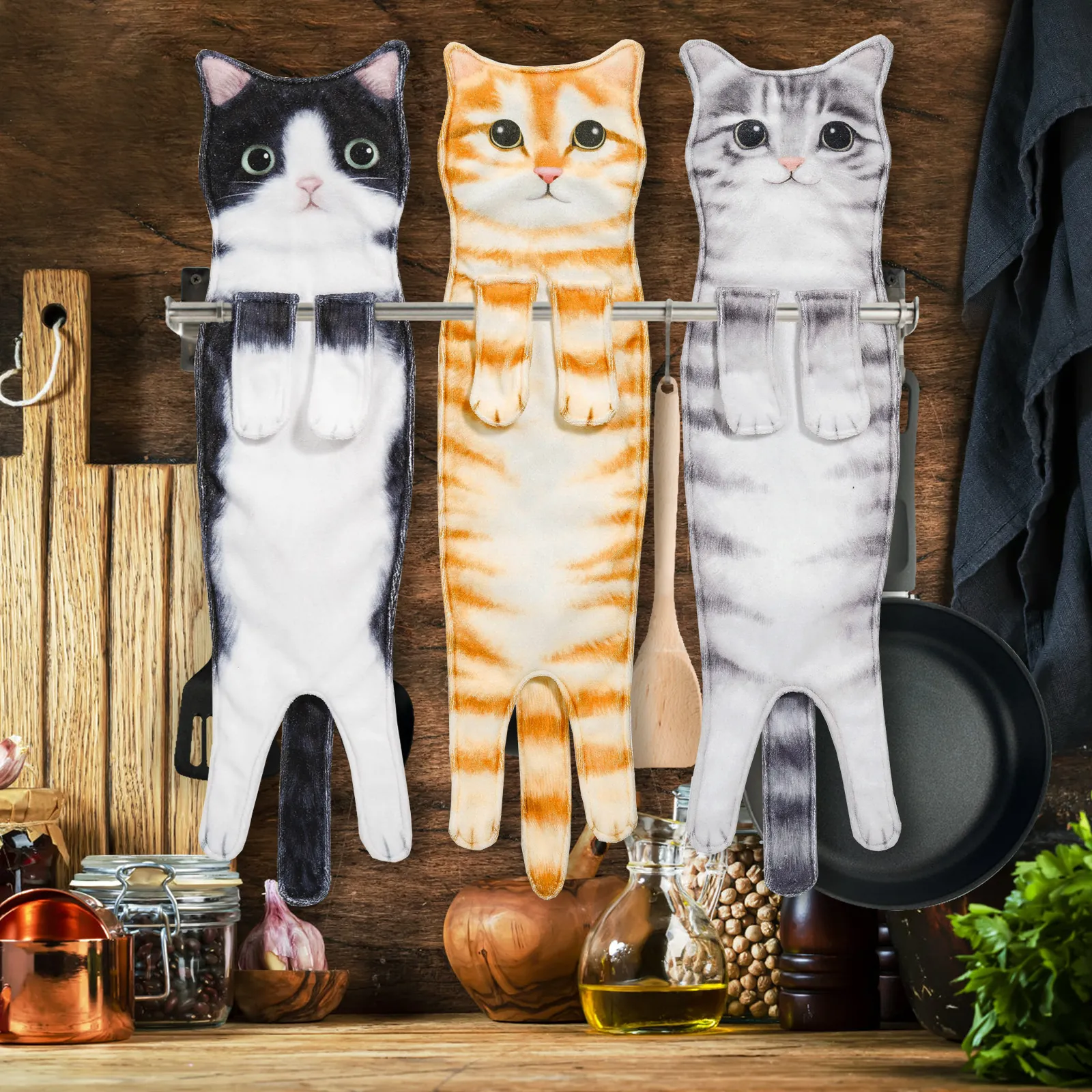 Creative Realistic Cat Hand Towel Hanging Absorbent Polyester Fabric Cute Animal Shape Decor For Bathroom Kitchen